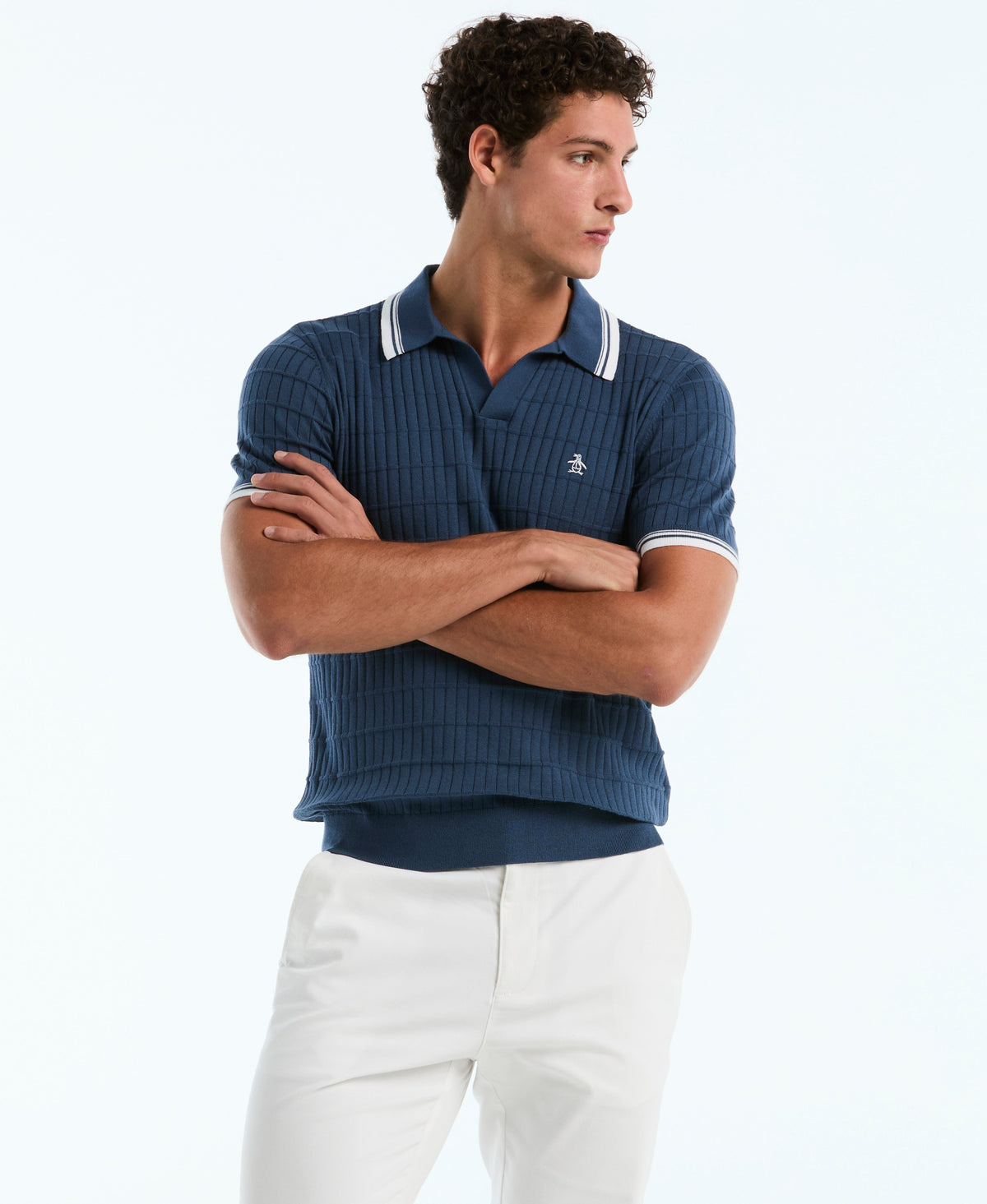 Grid Knit Johnny Collar Sweater Polo