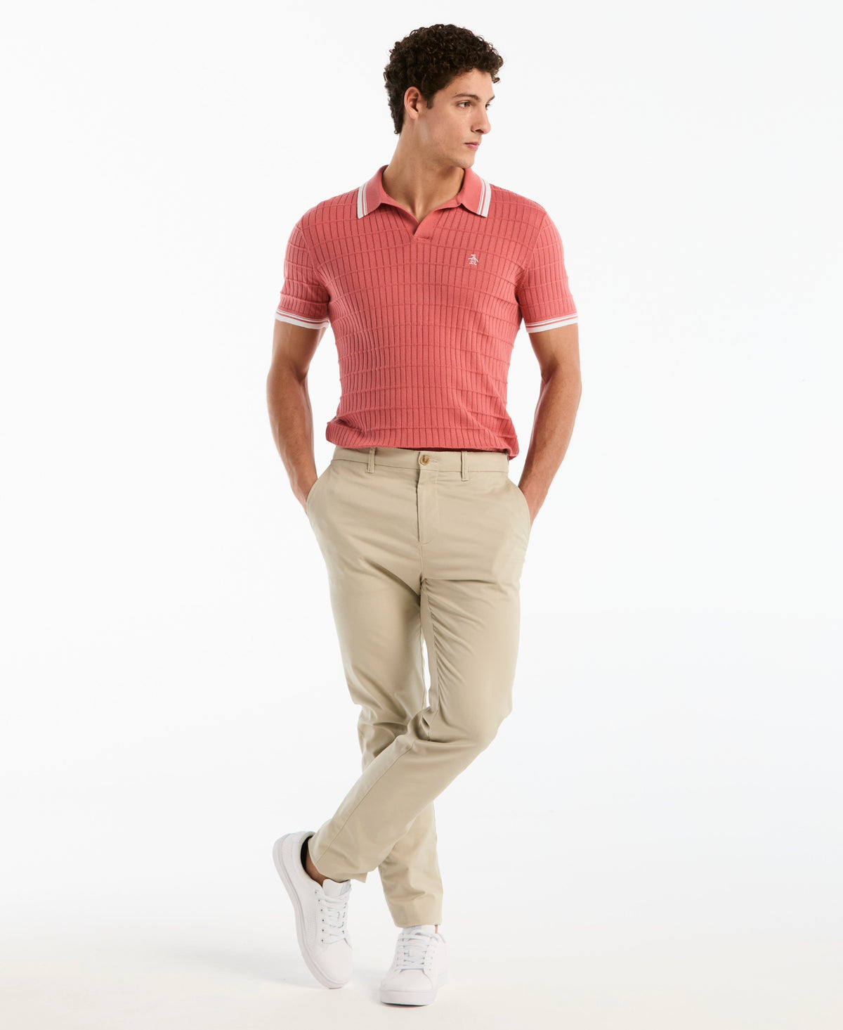 Grid Knit Johnny Collar Sweater Polo