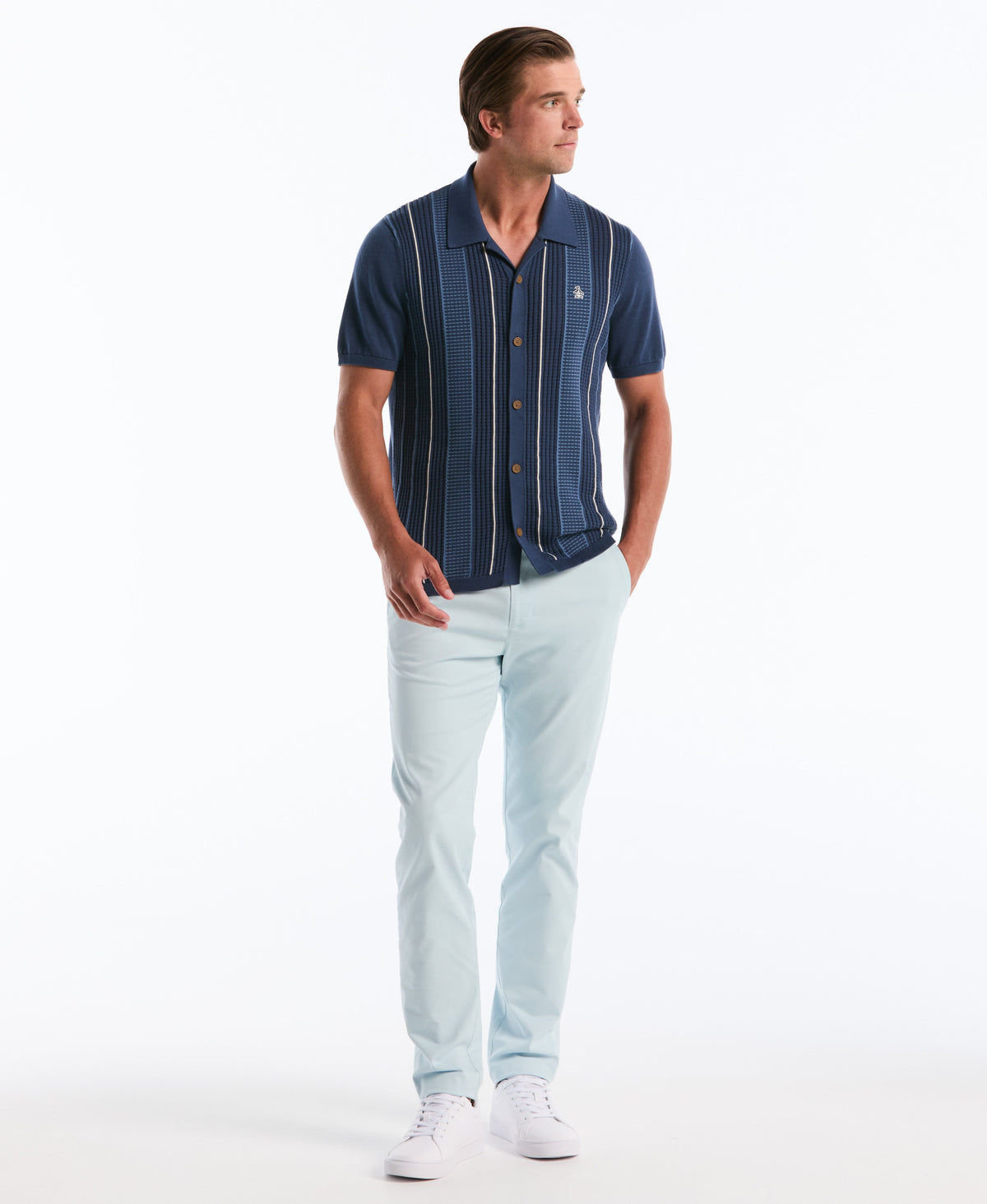 Vertical Striped Button-Up Sweater Polo
