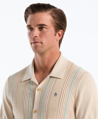 Vertical Striped Button-Up Sweater Polo