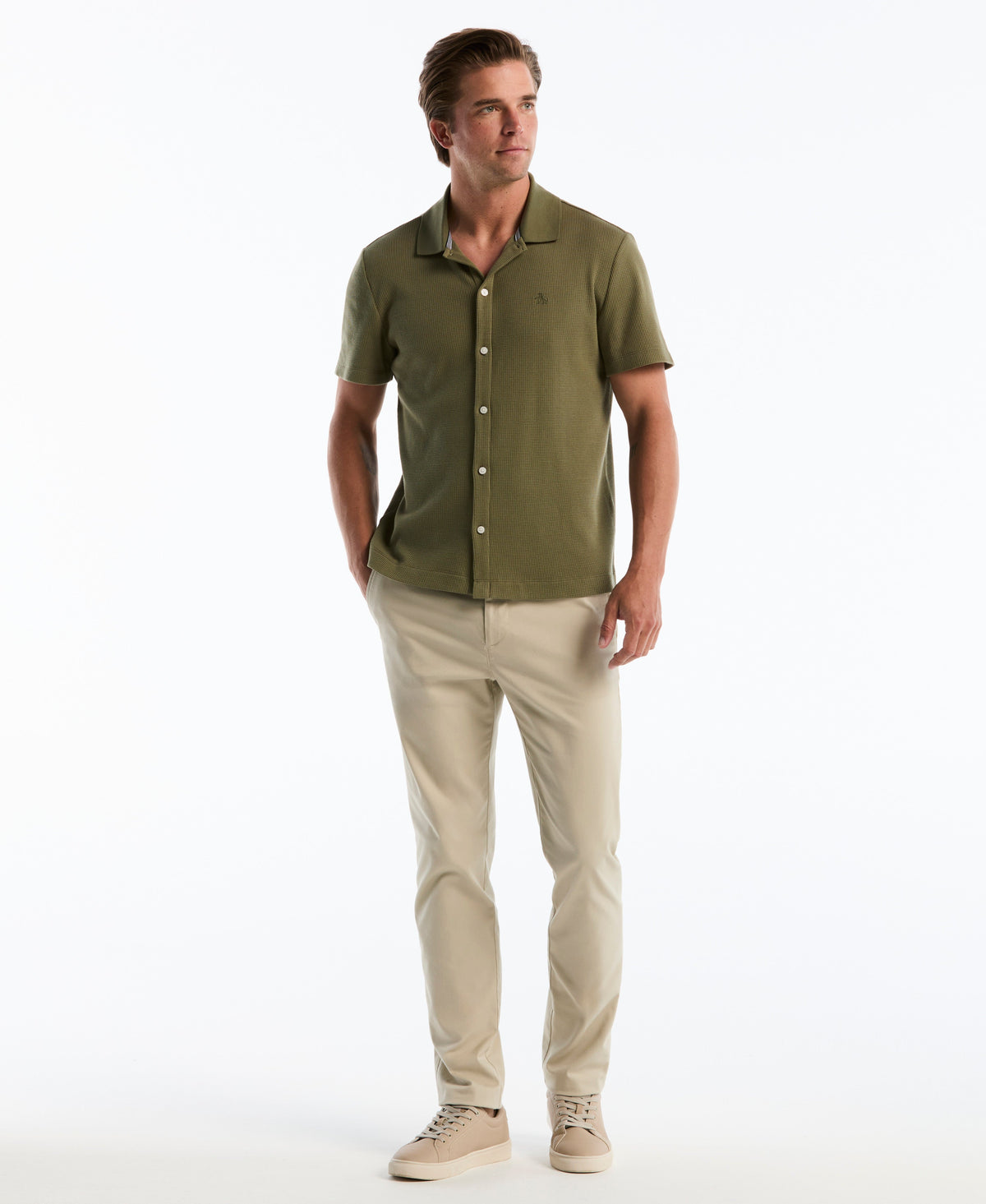 Waffle Button Front Knit Polo